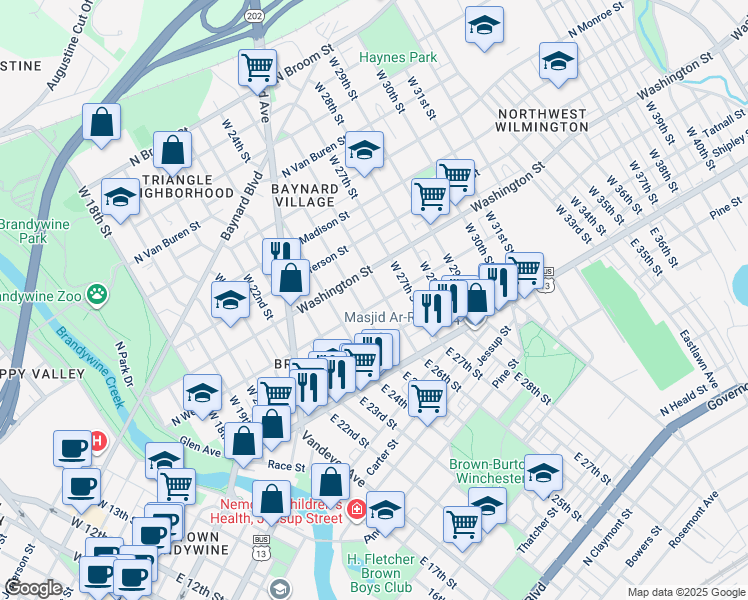 map of restaurants, bars, coffee shops, grocery stores, and more near 208 West 25th Street in Wilmington