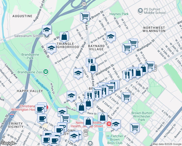map of restaurants, bars, coffee shops, grocery stores, and more near 300A Delaware 202 in Wilmington