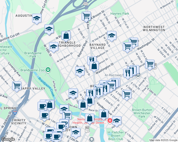 map of restaurants, bars, coffee shops, grocery stores, and more near 2108 North Jefferson Street in Wilmington