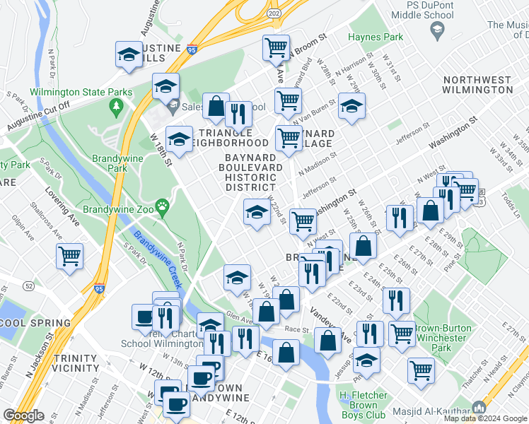 map of restaurants, bars, coffee shops, grocery stores, and more near 2108 North Jefferson Street in Wilmington