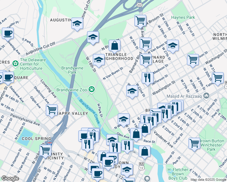 map of restaurants, bars, coffee shops, grocery stores, and more near 1807 Baynard Boulevard in Wilmington