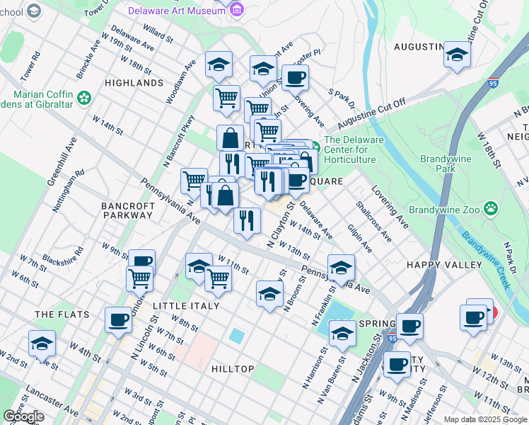 map of restaurants, bars, coffee shops, grocery stores, and more near 1313 North Dupont Street in Wilmington