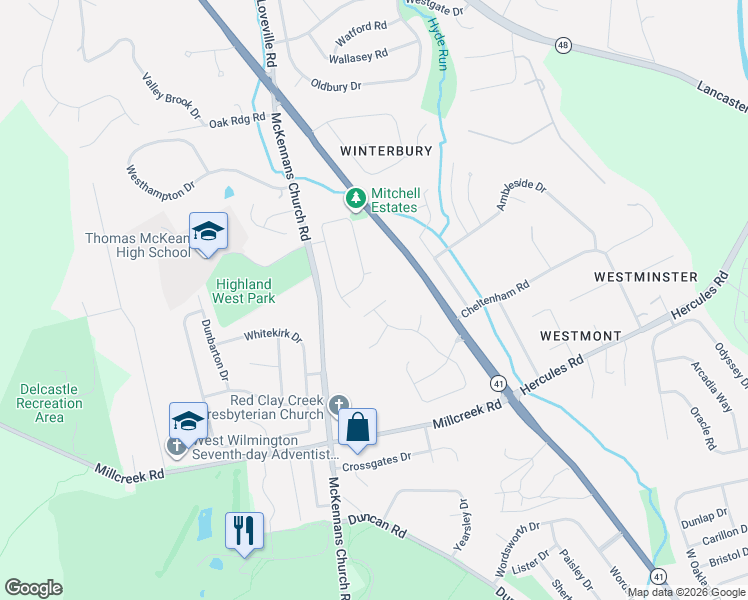 map of restaurants, bars, coffee shops, grocery stores, and more near 7 Balmoral Court in Wilmington