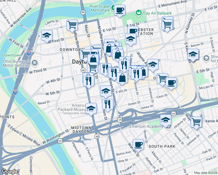 map of restaurants, bars, coffee shops, grocery stores, and more near in Dayton