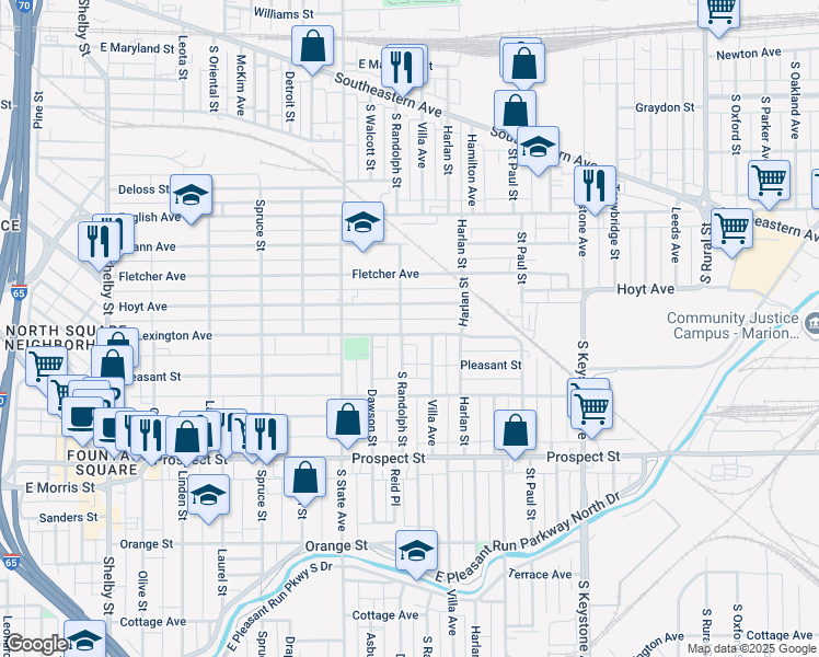 map of restaurants, bars, coffee shops, grocery stores, and more near 1837 Lexington Avenue in Indianapolis