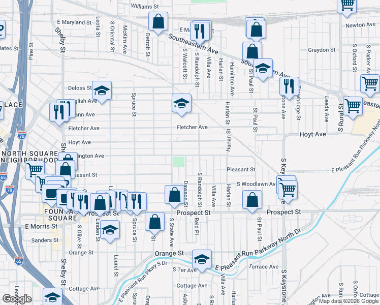 map of restaurants, bars, coffee shops, grocery stores, and more near 1837 Lexington Avenue in Indianapolis