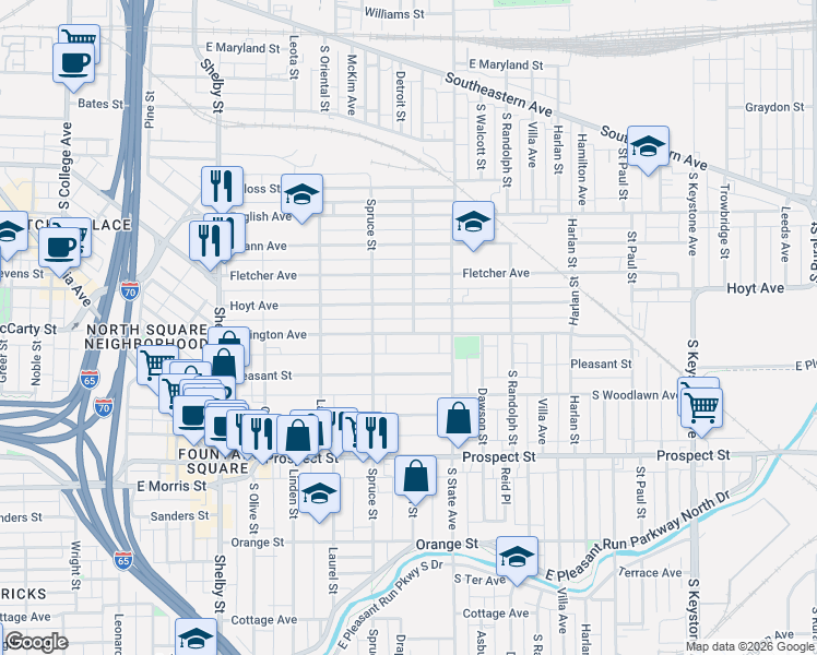 map of restaurants, bars, coffee shops, grocery stores, and more near 1521 Lexington Avenue in Indianapolis