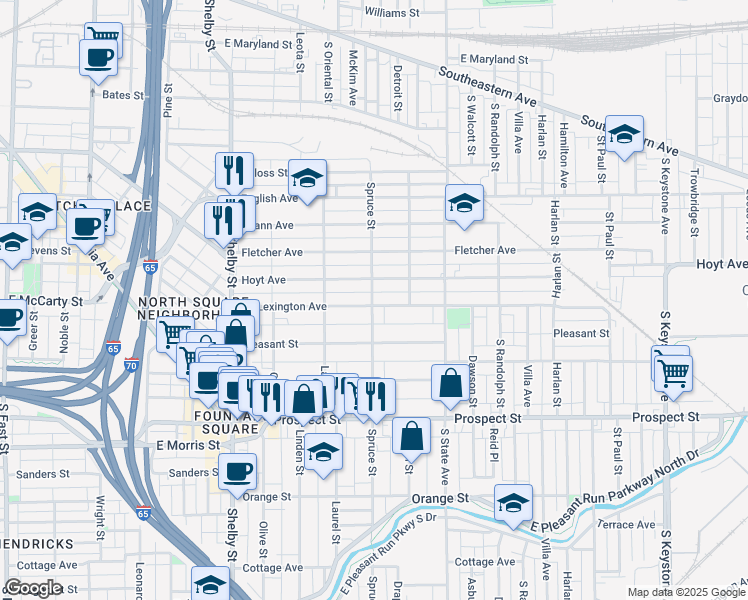 map of restaurants, bars, coffee shops, grocery stores, and more near 1521 Lexington Avenue in Indianapolis
