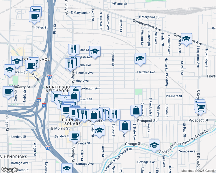 map of restaurants, bars, coffee shops, grocery stores, and more near in Indianapolis