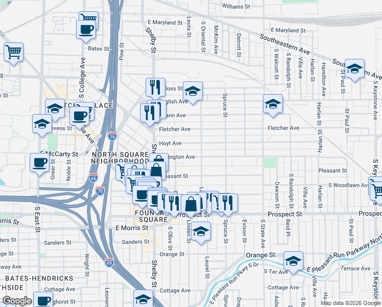 map of restaurants, bars, coffee shops, grocery stores, and more near 1333 Lexington Avenue in Indianapolis
