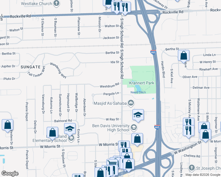 map of restaurants, bars, coffee shops, grocery stores, and more near 6322 Pergola Lane in Indianapolis