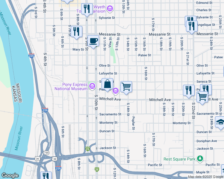 map of restaurants, bars, coffee shops, grocery stores, and more near 1205 South 11th Street in Saint Joseph