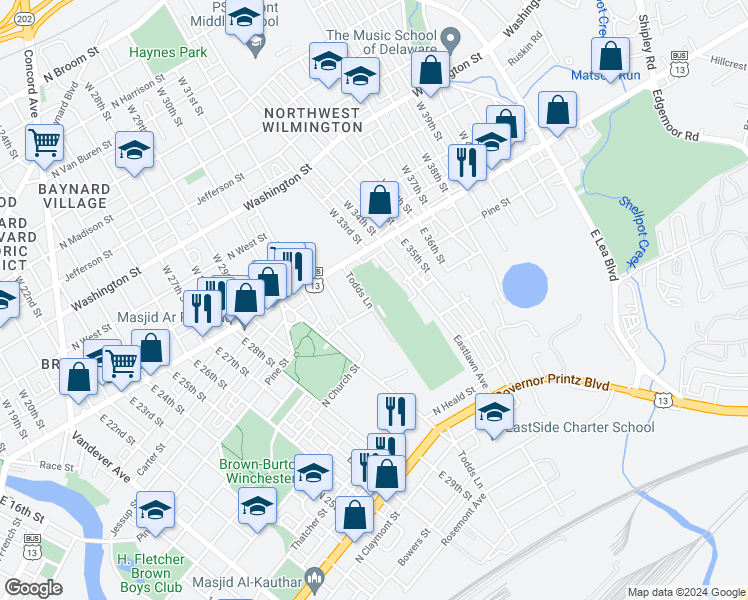 map of restaurants, bars, coffee shops, grocery stores, and more near 100 Todds Lane in Wilmington