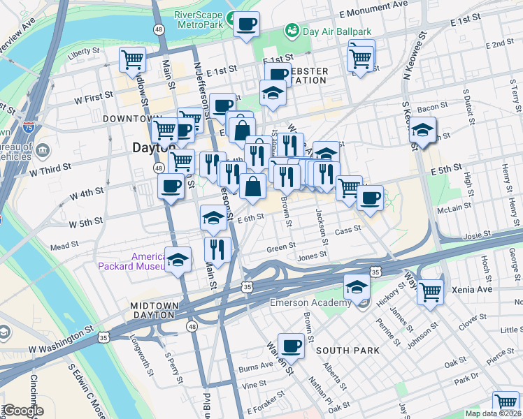 map of restaurants, bars, coffee shops, grocery stores, and more near 207 East 6th Street in Dayton