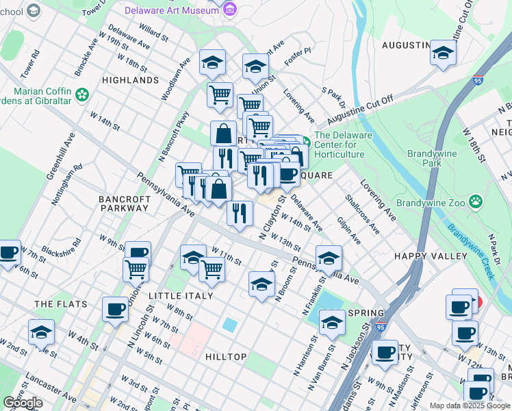 map of restaurants, bars, coffee shops, grocery stores, and more near 1313 North Dupont Street in Wilmington