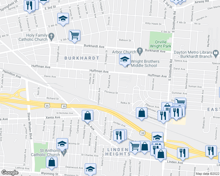 map of restaurants, bars, coffee shops, grocery stores, and more near 68 Parnell Avenue in Dayton