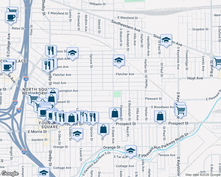 map of restaurants, bars, coffee shops, grocery stores, and more near 1621 Lexington Avenue in Indianapolis