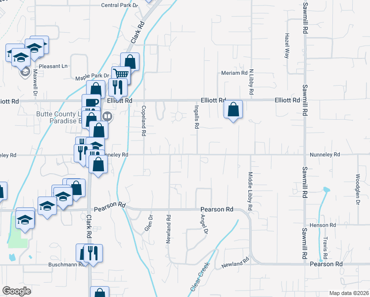 map of restaurants, bars, coffee shops, grocery stores, and more near 1271 Nunneley Road in Paradise
