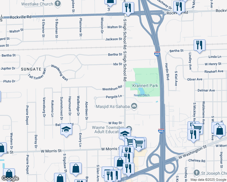 map of restaurants, bars, coffee shops, grocery stores, and more near 6322 Pergola Lane in Indianapolis