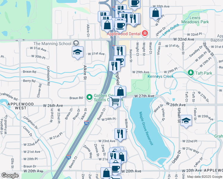 map of restaurants, bars, coffee shops, grocery stores, and more near 2801 Youngfield Street in Golden