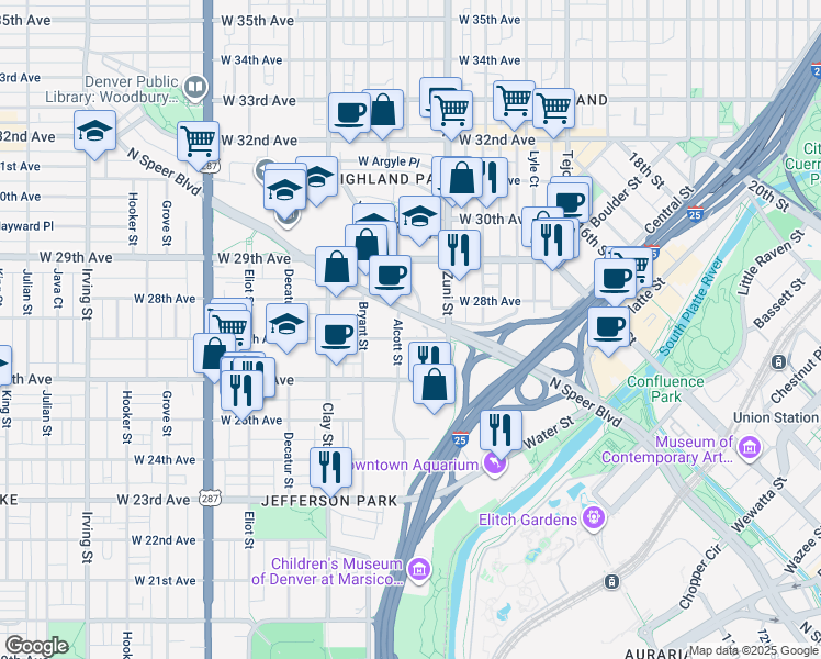 map of restaurants, bars, coffee shops, grocery stores, and more near 2785 Speer Boulevard in Denver