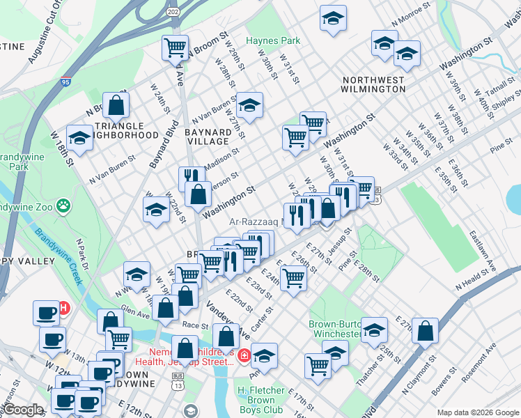 map of restaurants, bars, coffee shops, grocery stores, and more near 200 West 26th Street in Wilmington