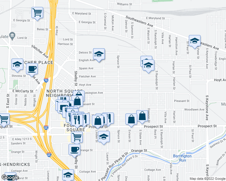 map of restaurants, bars, coffee shops, grocery stores, and more near in Indianapolis