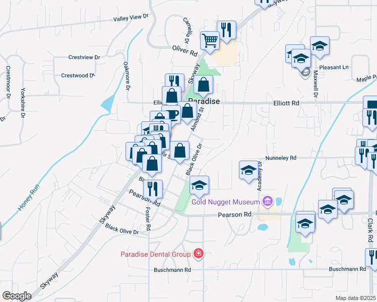 map of restaurants, bars, coffee shops, grocery stores, and more near 5806 Almond Street in Paradise