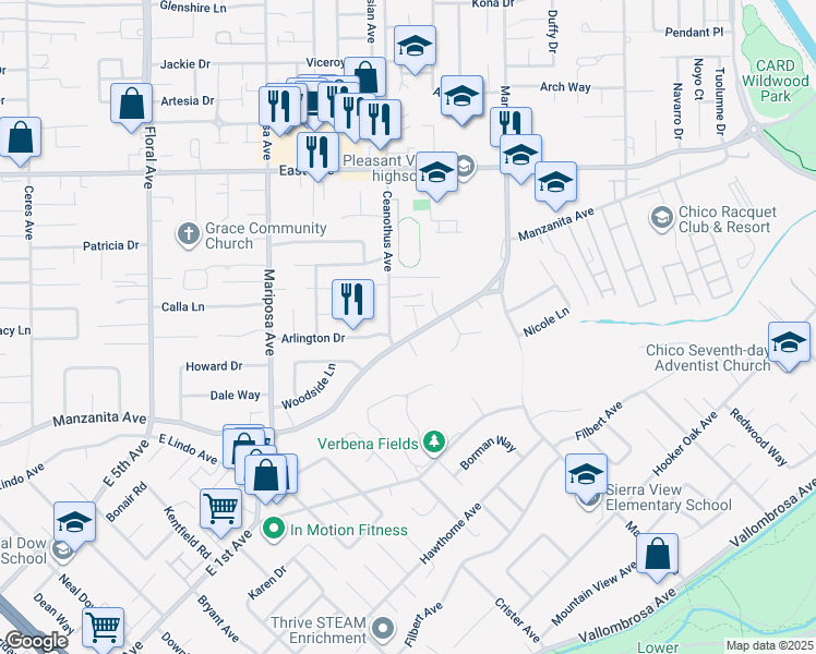 map of restaurants, bars, coffee shops, grocery stores, and more near 1460 Manzanita Avenue in Chico