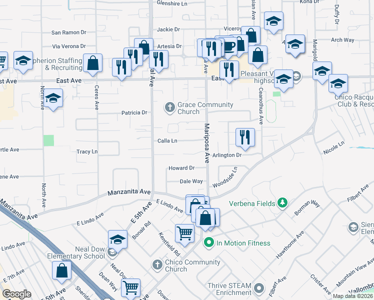 map of restaurants, bars, coffee shops, grocery stores, and more near 1265 Orchard Lane in Chico