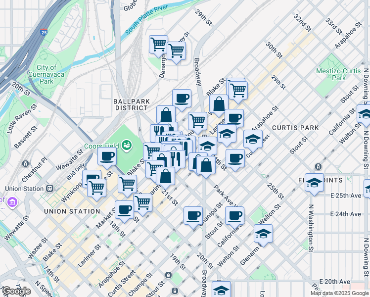 map of restaurants, bars, coffee shops, grocery stores, and more near 2300 Walnut Street in Denver