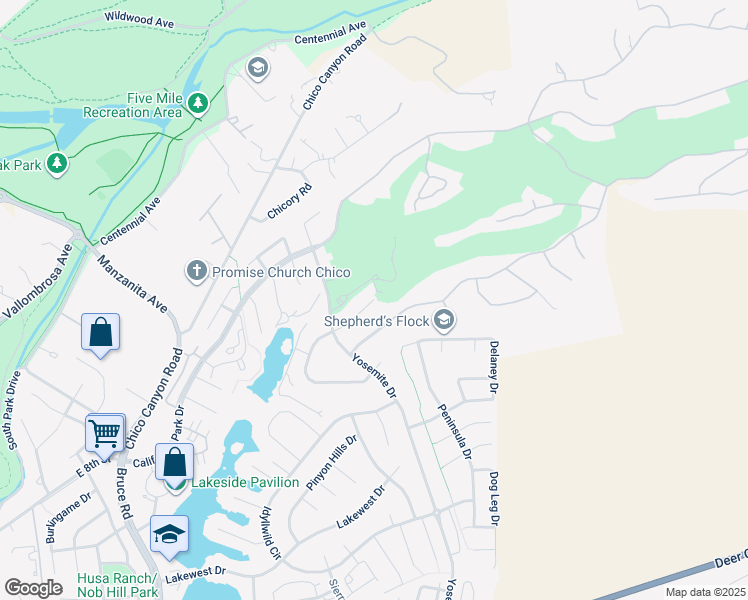 map of restaurants, bars, coffee shops, grocery stores, and more near 631 Brookside Drive in Chico