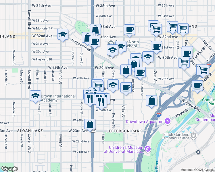 map of restaurants, bars, coffee shops, grocery stores, and more near 2831 West 27th Avenue in Denver
