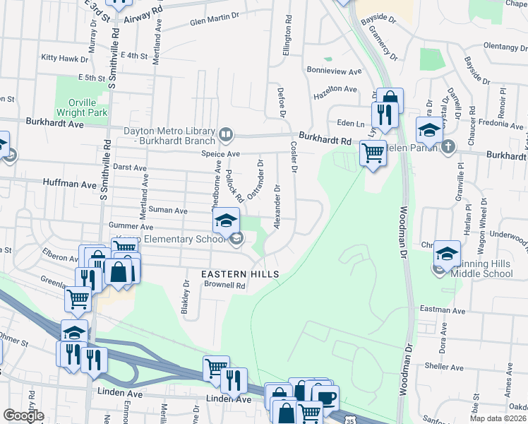map of restaurants, bars, coffee shops, grocery stores, and more near 2024 Suman Avenue in Dayton