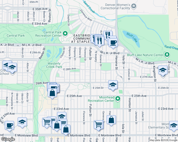 map of restaurants, bars, coffee shops, grocery stores, and more near 10098 East 28th Avenue in Denver