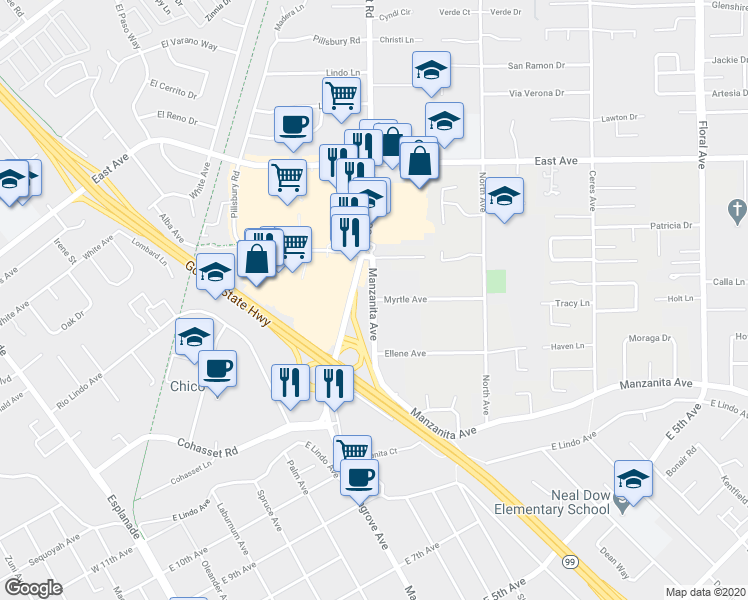 map of restaurants, bars, coffee shops, grocery stores, and more near Manzanita Avenue & Myrtle Avenue in Chico