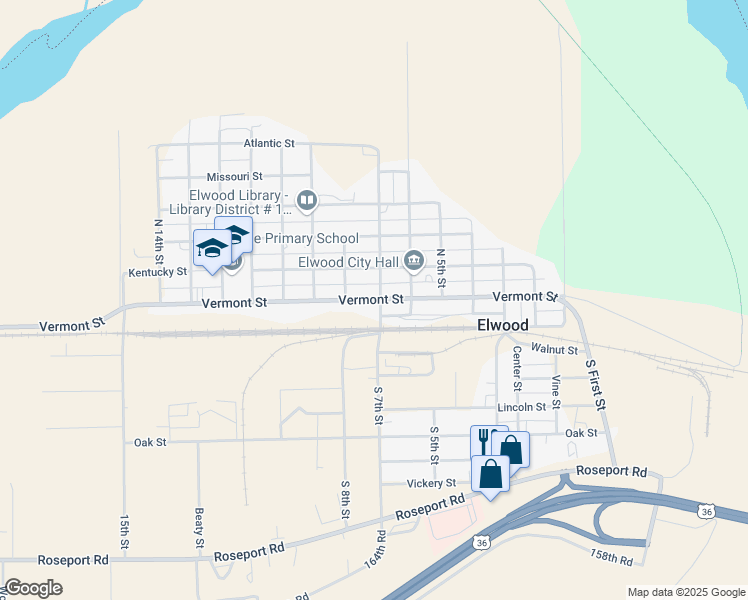 map of restaurants, bars, coffee shops, grocery stores, and more near Vermont Street in Elwood