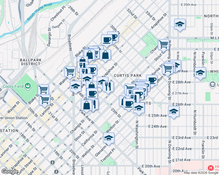 map of restaurants, bars, coffee shops, grocery stores, and more near 2575 Champa Street in Denver