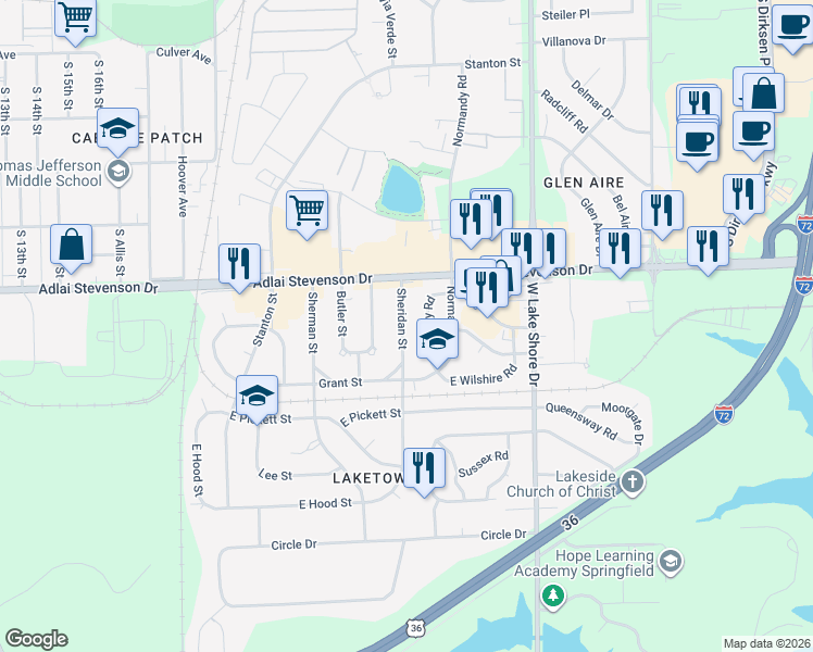 map of restaurants, bars, coffee shops, grocery stores, and more near 3300 Sheridan Street in Springfield