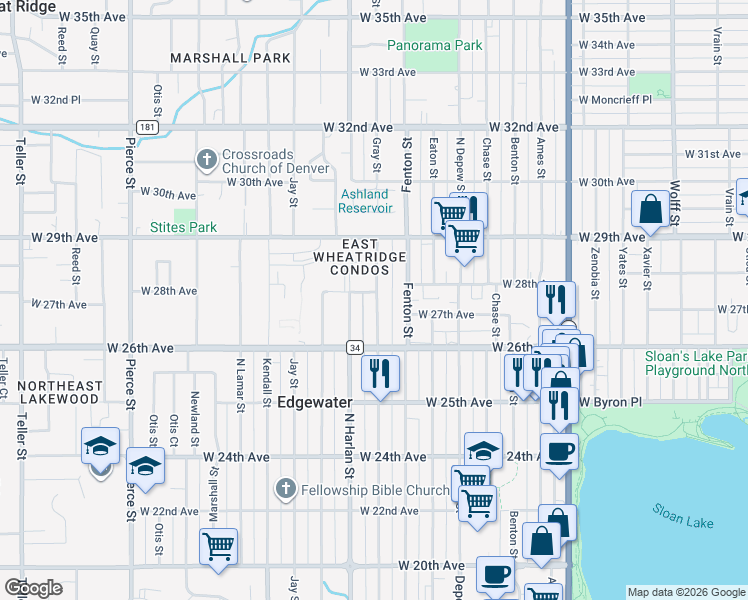 map of restaurants, bars, coffee shops, grocery stores, and more near 2659 Gray Street in Wheat Ridge