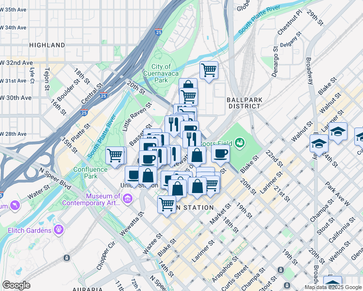 map of restaurants, bars, coffee shops, grocery stores, and more near 1975 19th Street in Denver