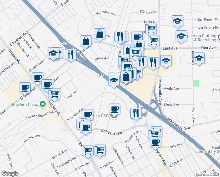 map of restaurants, bars, coffee shops, grocery stores, and more near 470 Rio Lindo Avenue in Chico