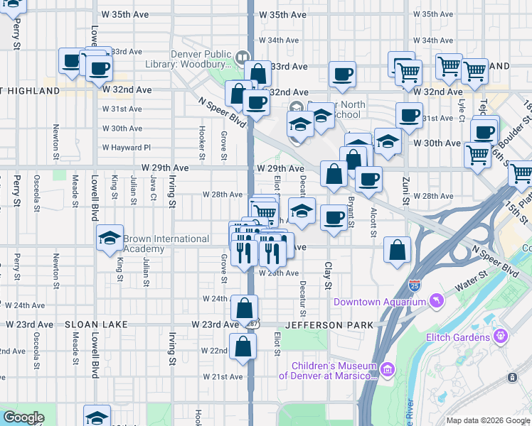 map of restaurants, bars, coffee shops, grocery stores, and more near 2811 West 27th Avenue in Denver