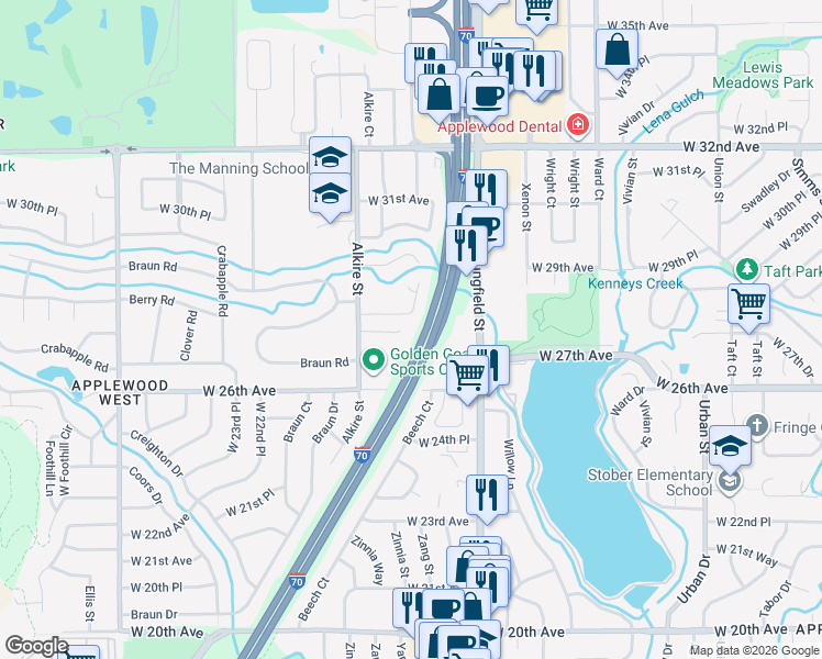 map of restaurants, bars, coffee shops, grocery stores, and more near 13028 West 27th Lane in Golden