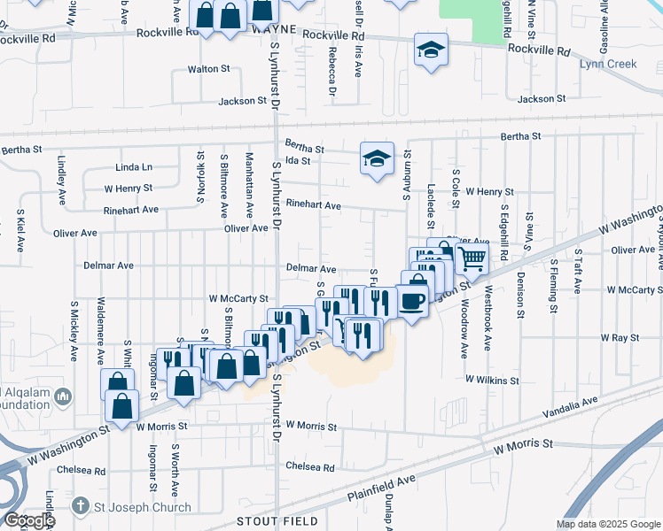 map of restaurants, bars, coffee shops, grocery stores, and more near 5145 Delmar Avenue in Indianapolis