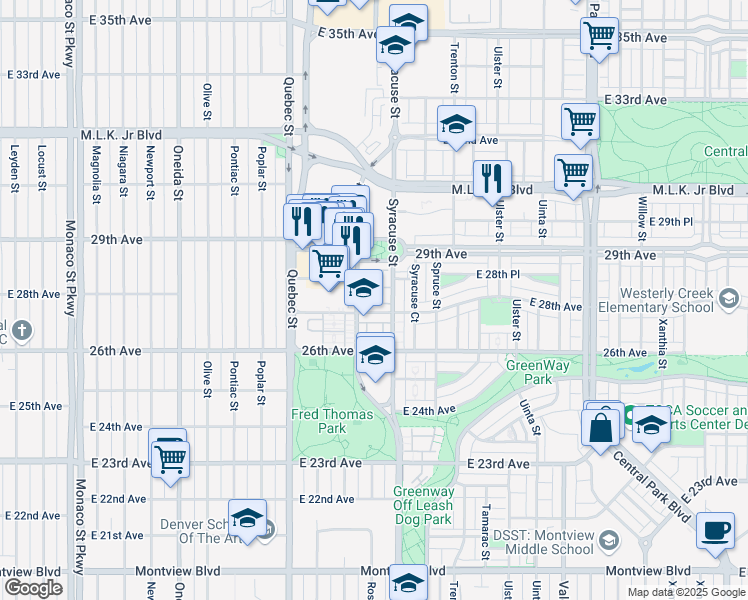 map of restaurants, bars, coffee shops, grocery stores, and more near 7608 East 28th Avenue in Denver