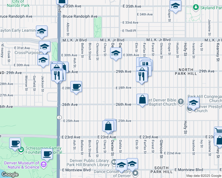 map of restaurants, bars, coffee shops, grocery stores, and more near 2668 Dexter Street in Denver