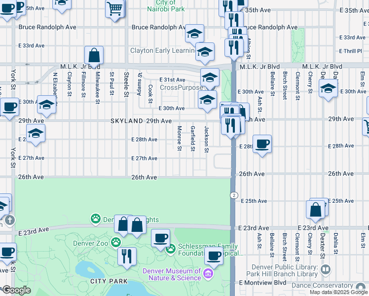 map of restaurants, bars, coffee shops, grocery stores, and more near 3635 East 27th Avenue in Denver