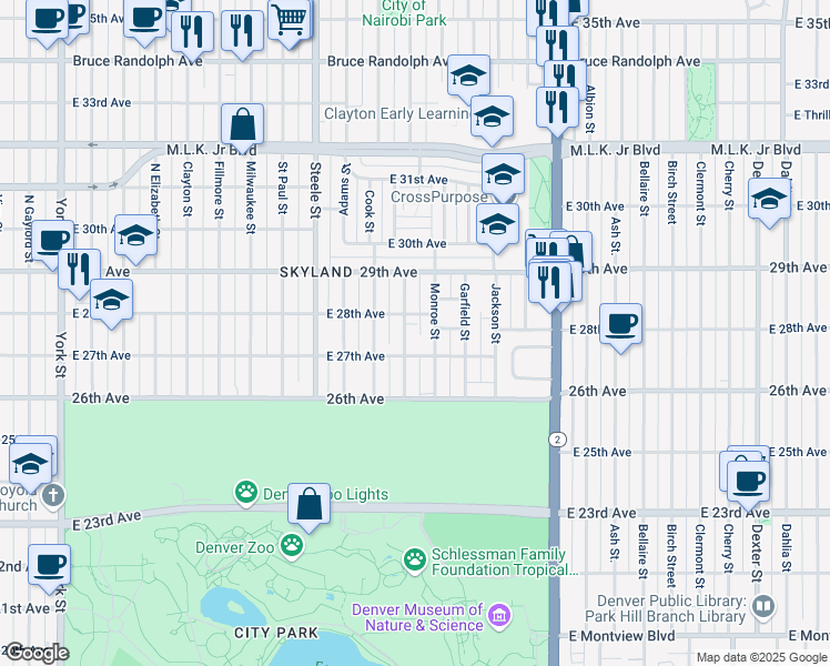 map of restaurants, bars, coffee shops, grocery stores, and more near 3521 East 27th Avenue in Denver