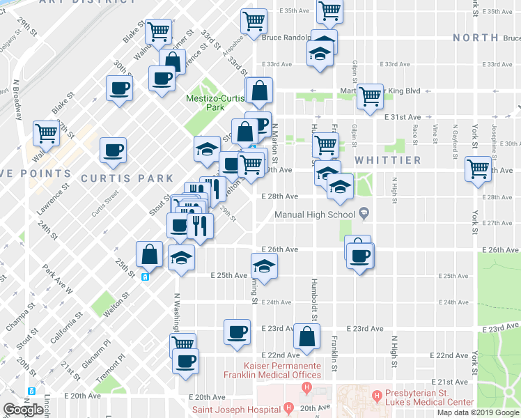 map of restaurants, bars, coffee shops, grocery stores, and more near 2710 North Downing Street in Denver